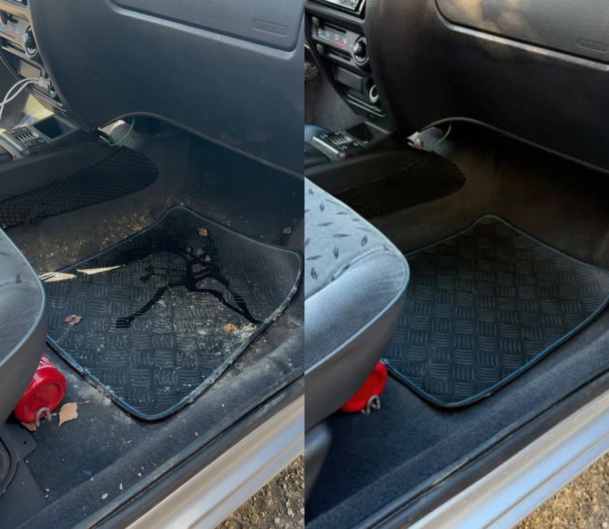 Avant / après du nettoyage intérieur d'une Citroën Saxo par SWDTAIL : sièges et tapis traités contre la moisissure par shampouinage et nettoyage vapeur
