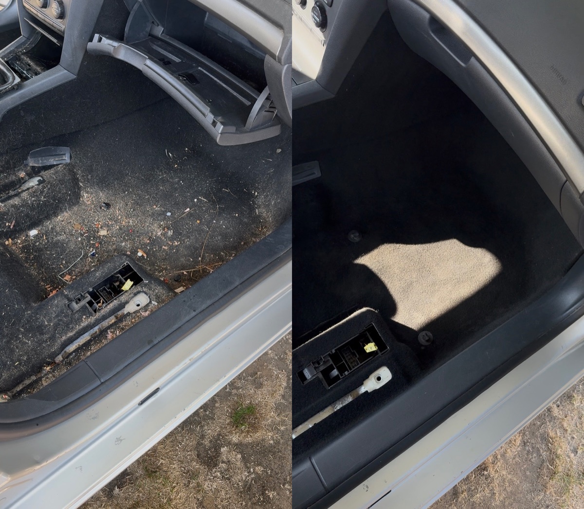 Avant / après du nettoyage intérieur d'un Skoda Yeti par SWDTAIL : plancher côté passager désincrusté après cinq ans sans nettoyage