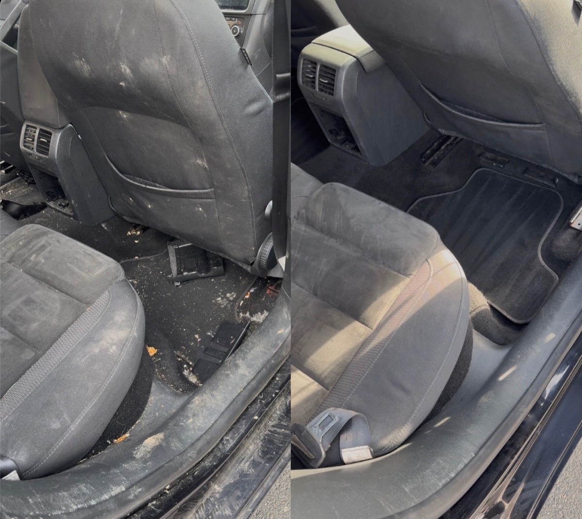 Avant / après du nettoyage intérieur d'une Volkswagen Golf par SWDTAIL : sièges et tapis traités contre la moisissure par shampouinage et nettoyage vapeur
